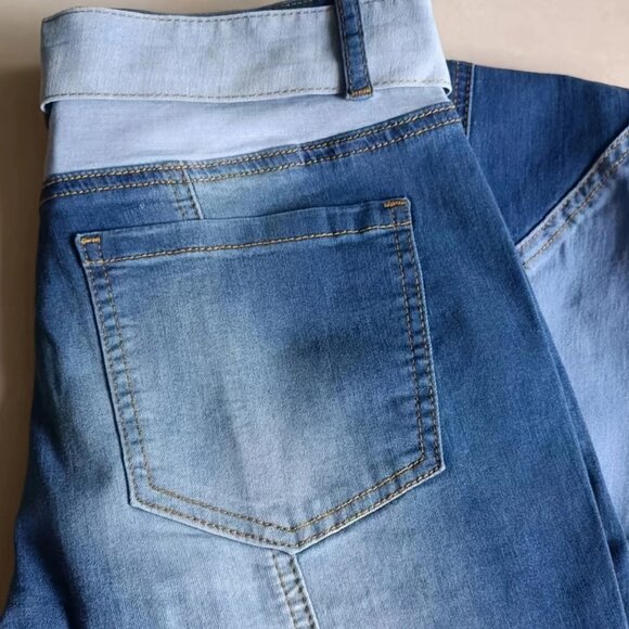 Denim Cotton Patchwork Hi-Waist Flared Blue Jeans - Picture 5 of 6